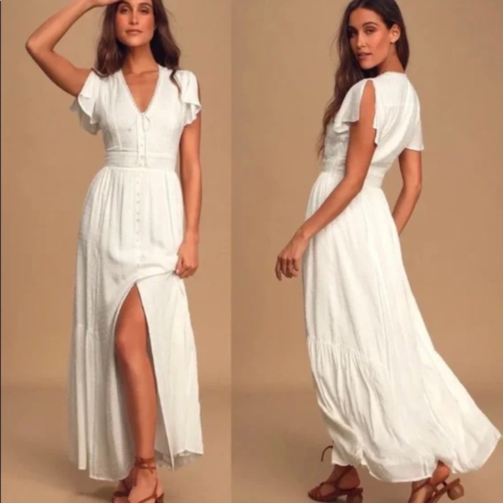 Completely in love white swiss button down front maxi dress
